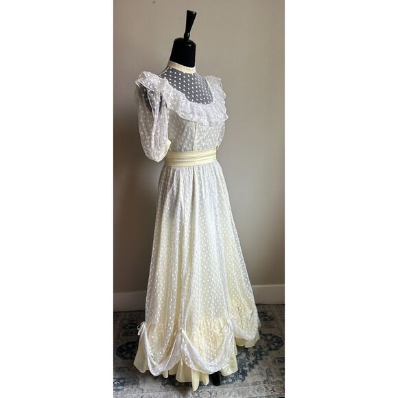 VINTAGE Women's Ruffle Butter Yellow Polka Dot High Neck Maxi Prom Dress Size S - Picture 2 of 8